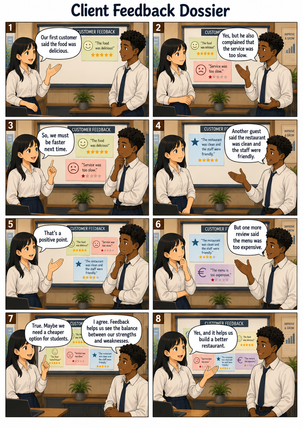 Planche de bande dessinée en anglais : Client Feedback Dossier