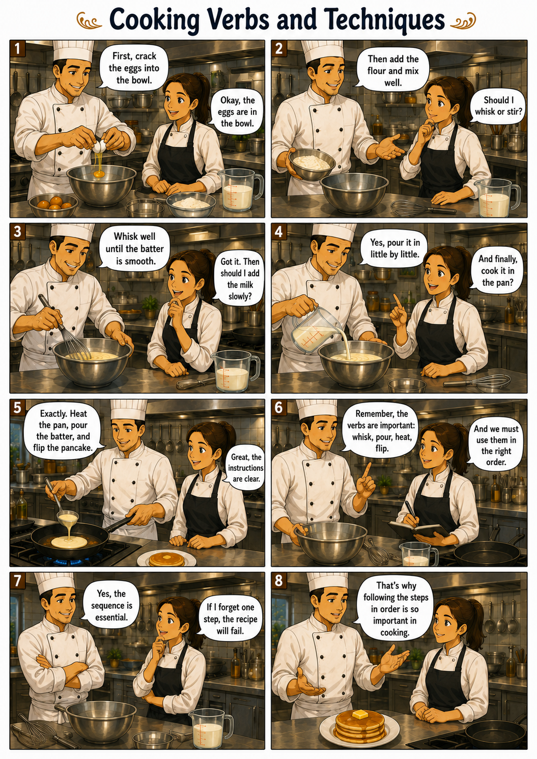 Planche de bande dessinée en anglais : Cooking Verbs and Techniques