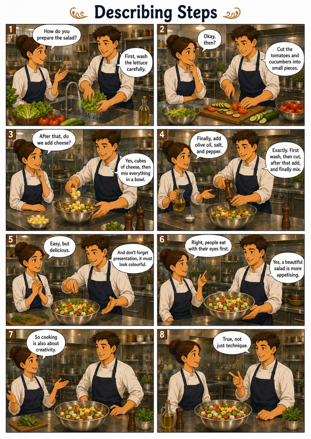 Planche de bande dessinée en anglais : Describing Steps