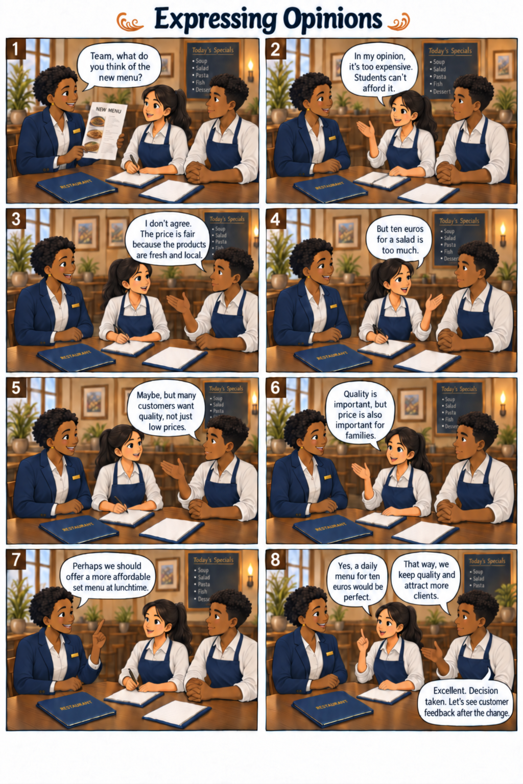 Planche de bande dessinée en anglais : Expressing Opinions