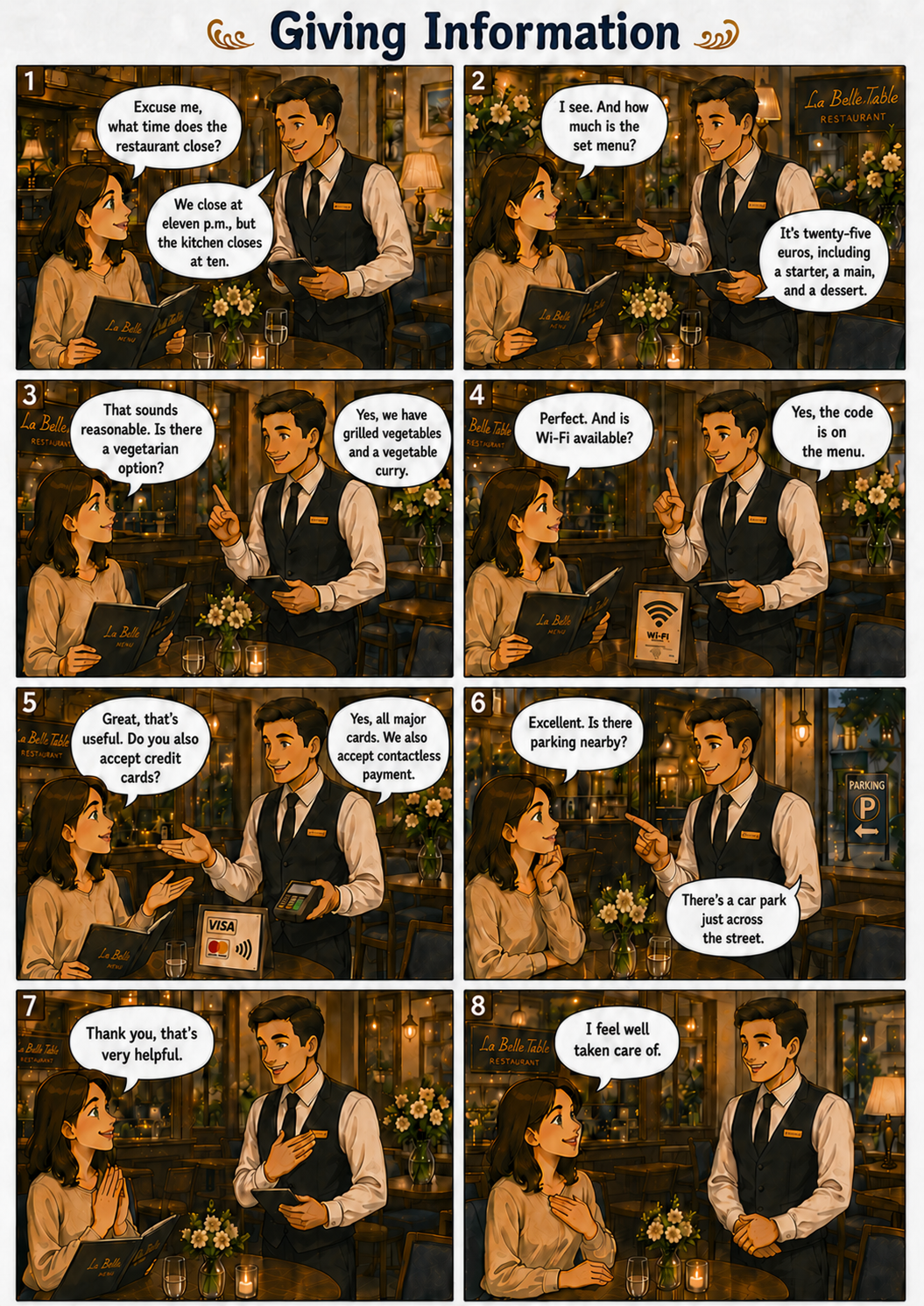 Planche de bande dessinée en anglais : Giving Information