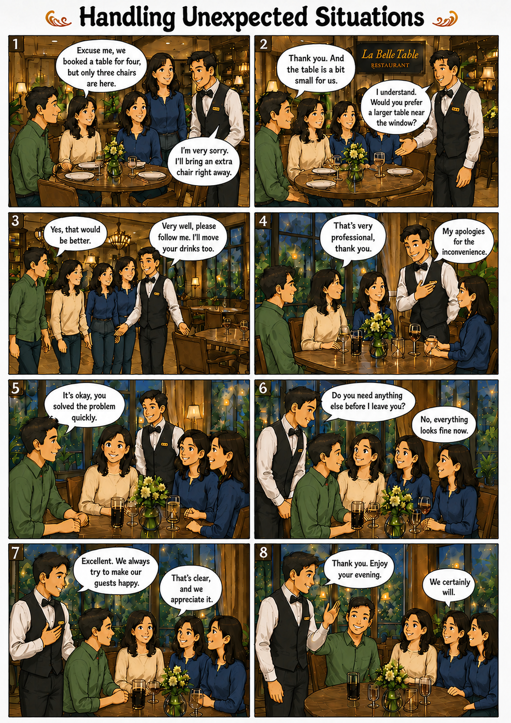 Planche de bande dessinée en anglais : Handling Unexpected Situations