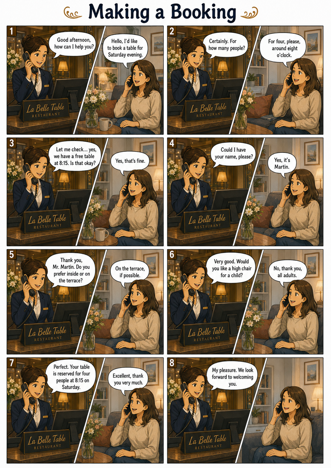 Planche de bande dessinée en anglais : Making a Booking