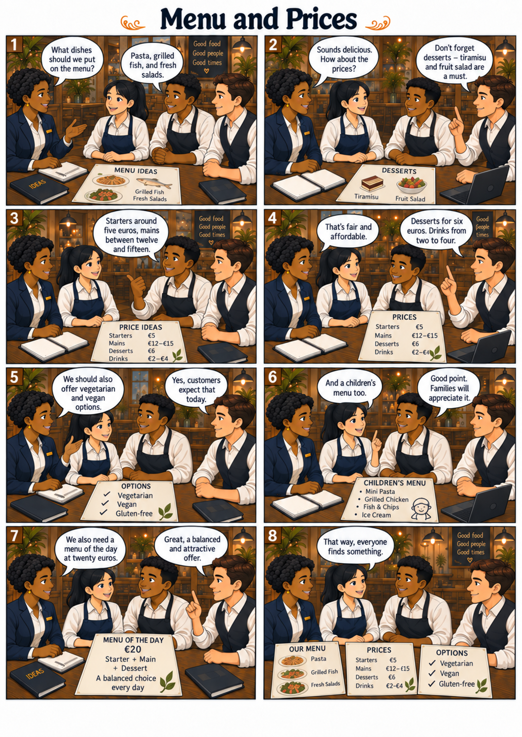 Planche de bande dessinée en anglais : Menu and Prices