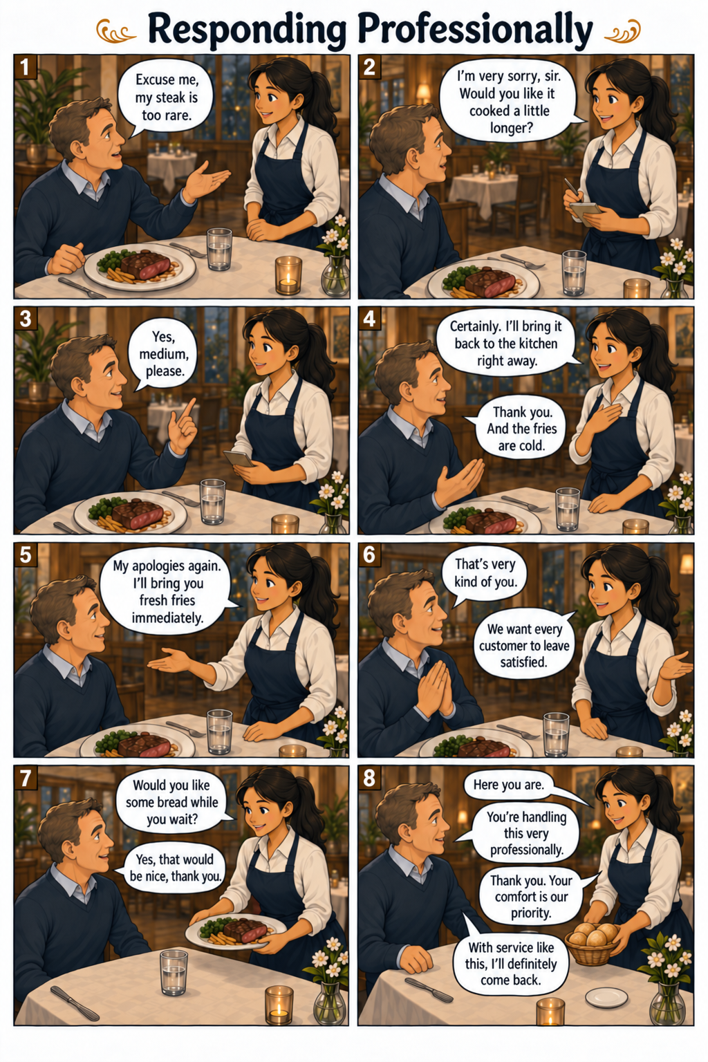 Planche de bande dessinée en anglais : Responding Professionally