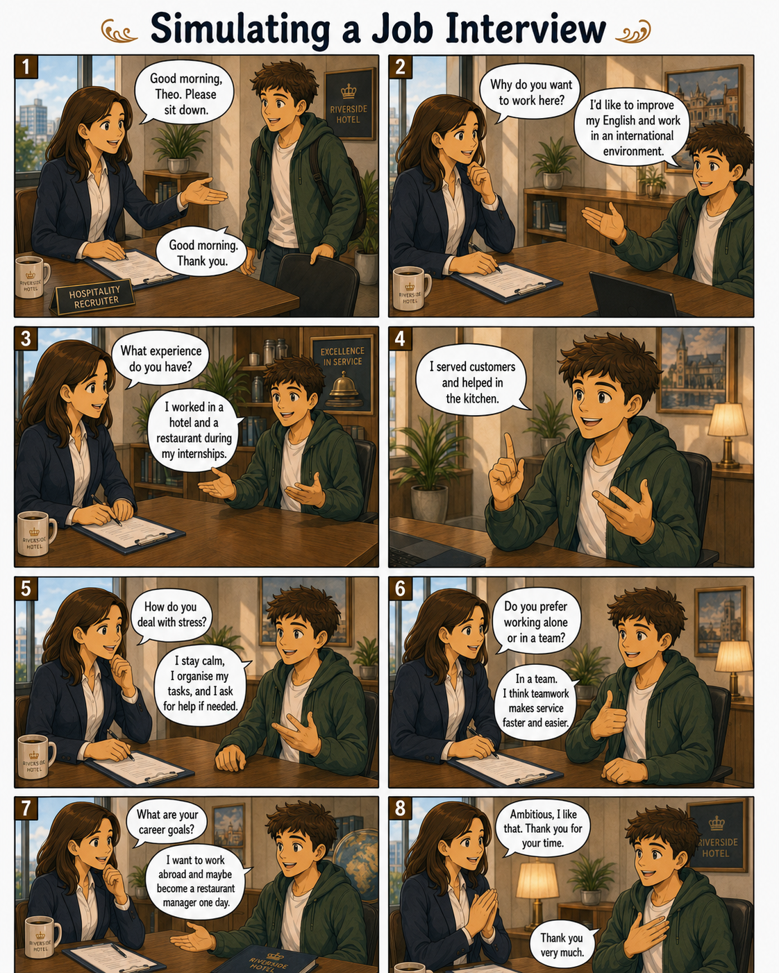 Planche de bande dessinée en anglais : Simulating a Job Interview