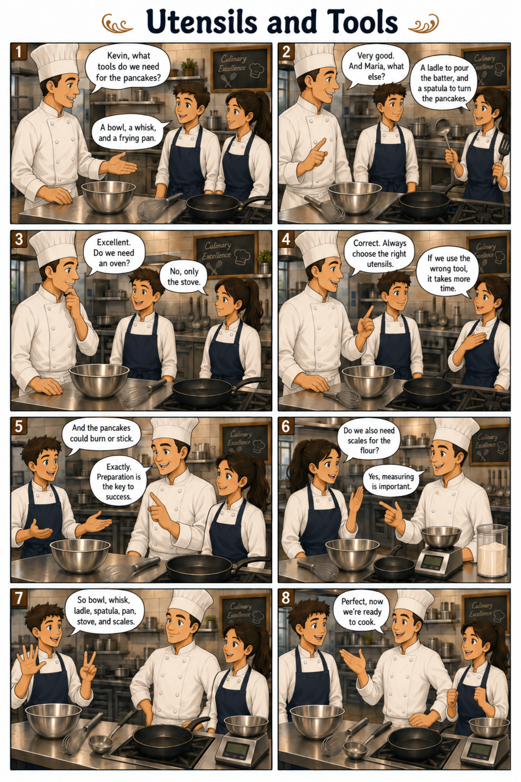 Planche de bande dessinée en anglais : Utensils and Tools