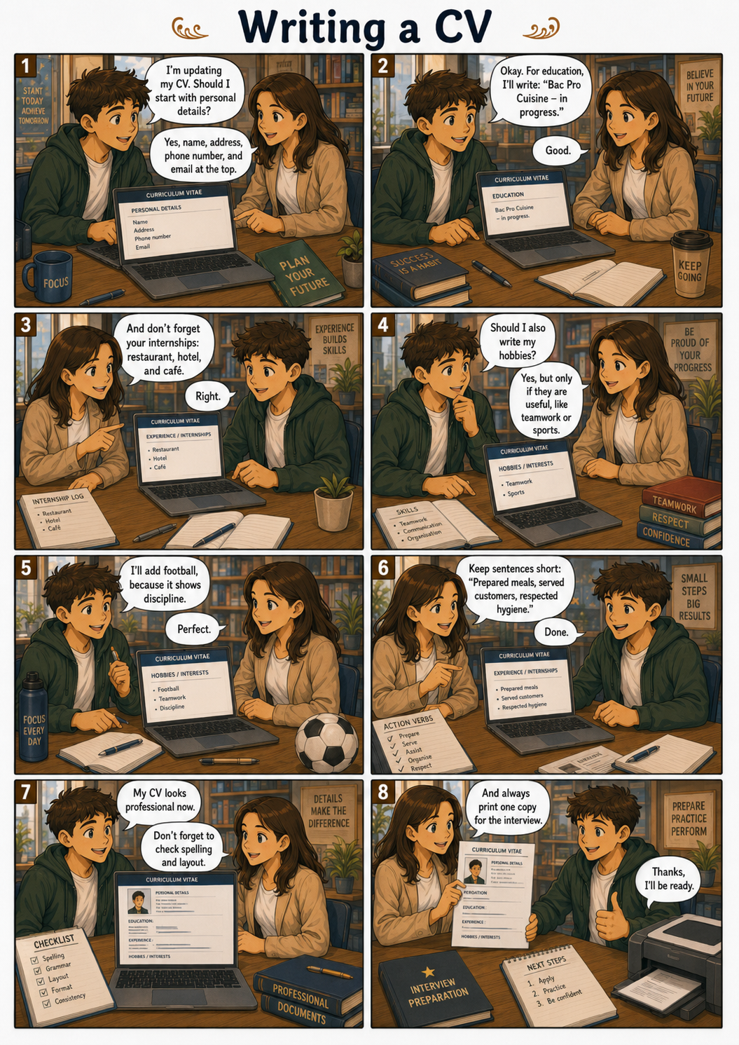 Planche de bande dessinée en anglais : Writing a CV
